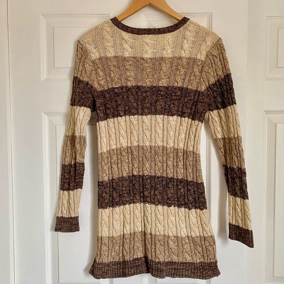 JEANNE PIERRE Cotton Cable Knit Striped Long Tunic Sweater w Pockets Brown / Tan - Picture 2 of 4